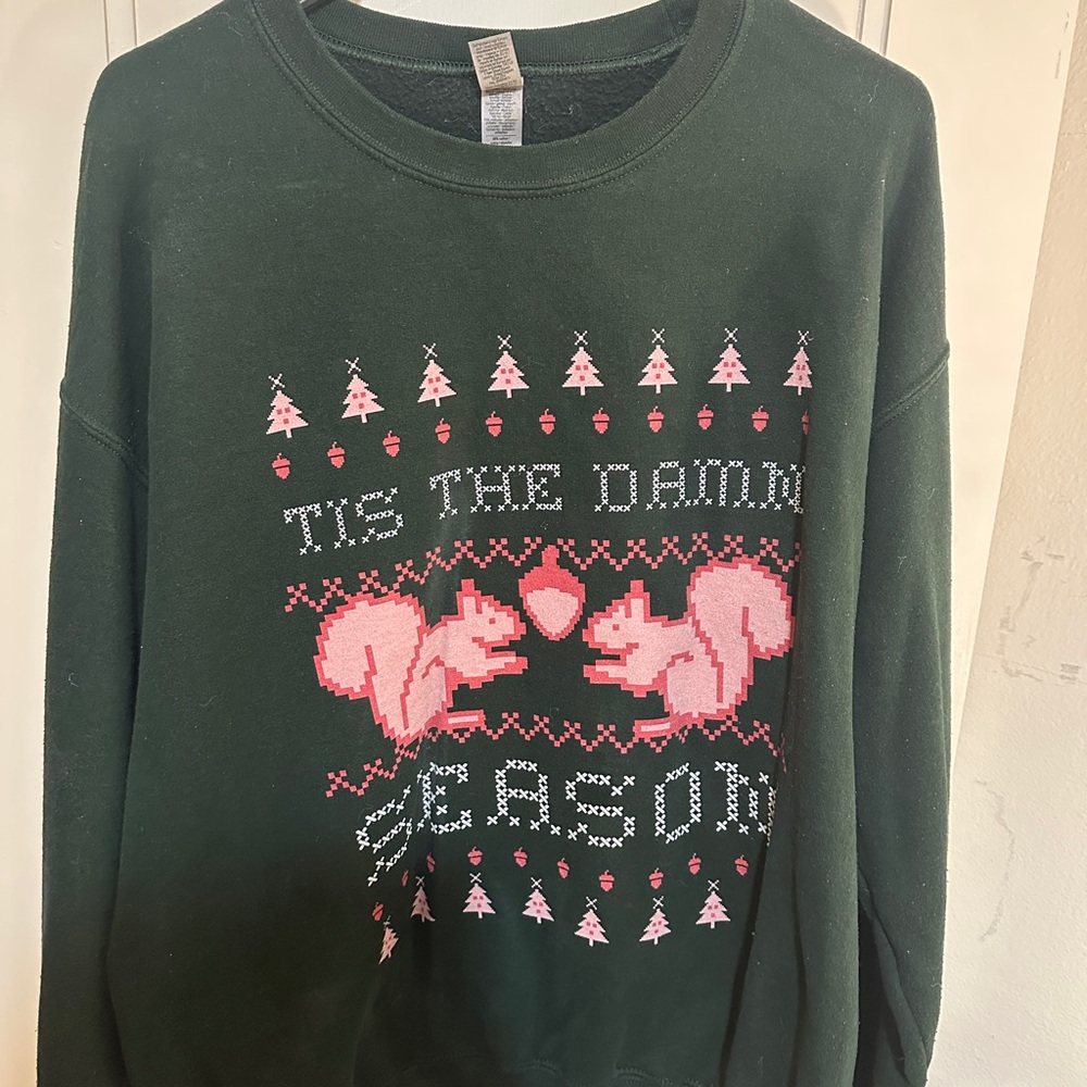 Green Holiday Sweatshirt with Pink Squirrel Design